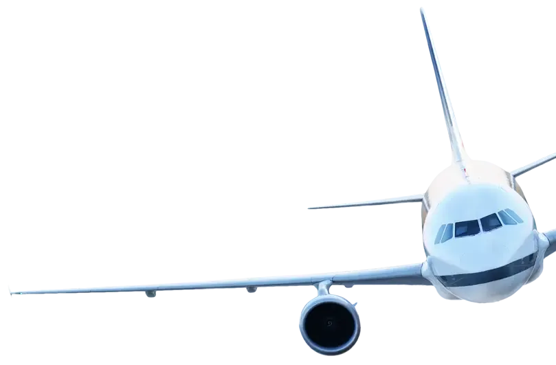 Imagen aislada frontal de un avión comercial blanco sobre fondo transparente.