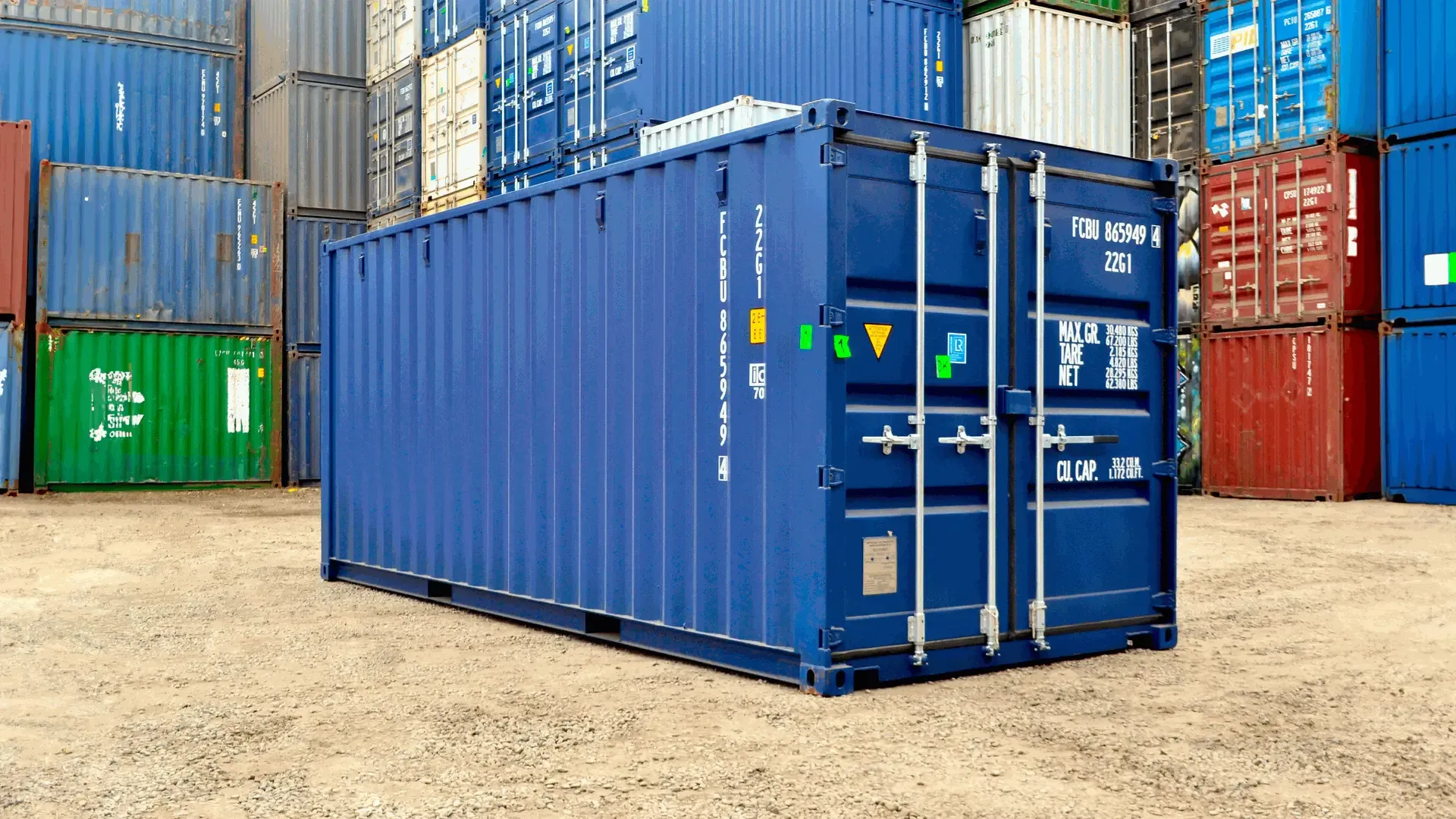 Standard blue Dry Van sea container in a depot.