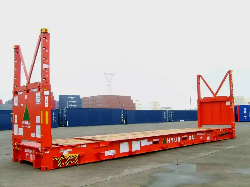 Red Flat Rack platform container for heavy machinery.