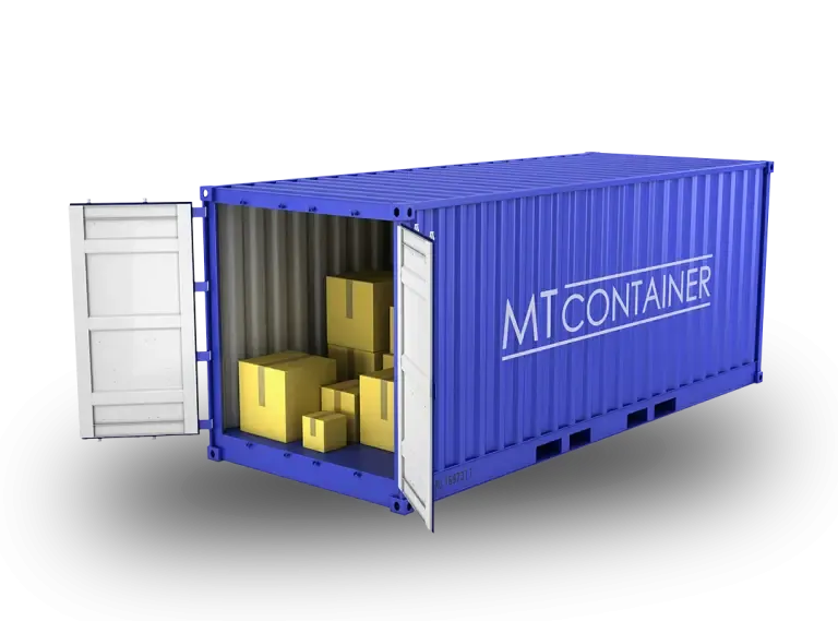 Render of an open blue sea container showing yellow cardboard boxes inside.