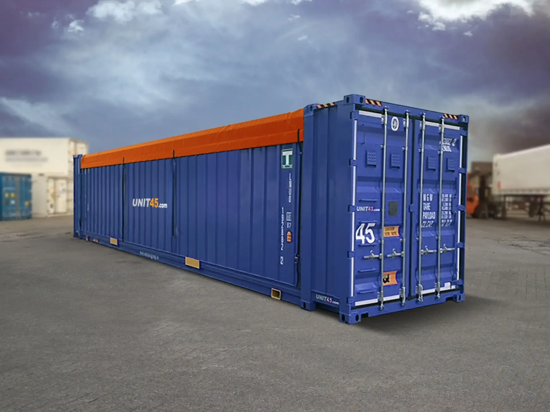 Blue Open Top container with an orange tarp for over-height cargo.