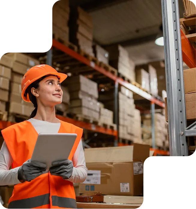 Trabajadora con casco y chaleco naranja revisando inventario en almacén con una tablet