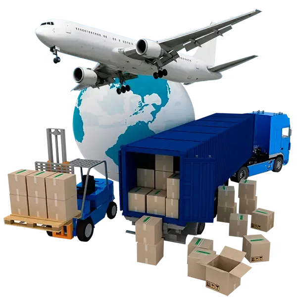 Avión, camión, montacargas y contenedor con cajas representando logística global
