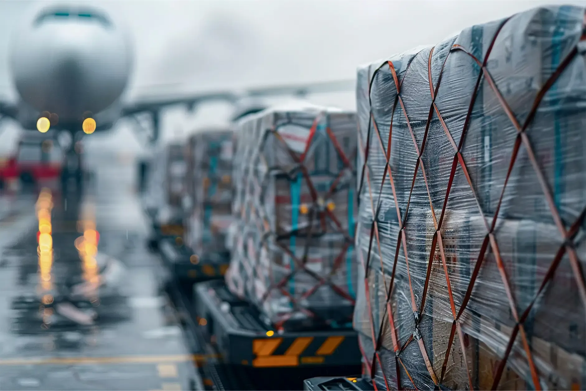 Palets de carga protegidos con redes en la plataforma de un aeropuerto bajo la lluvia.