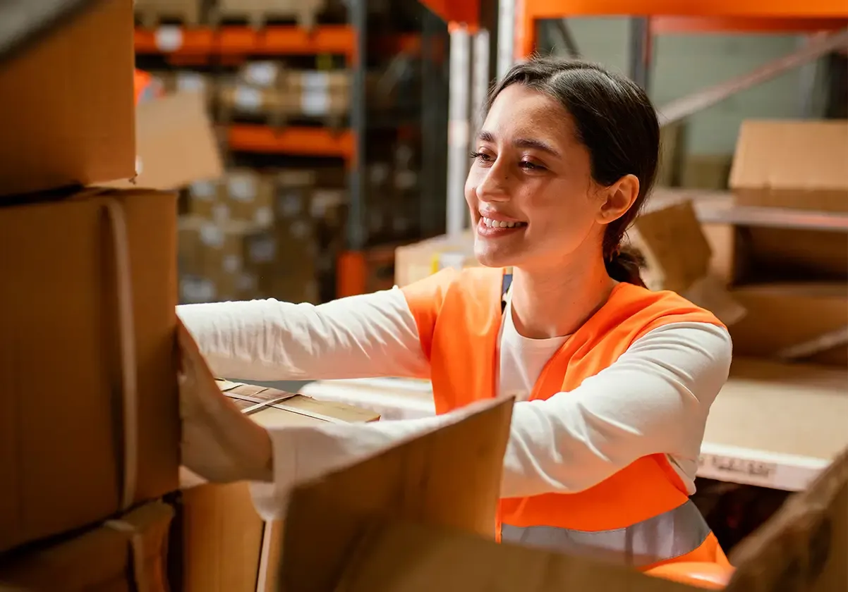 Personal operativo organizando mercancía en el servicio de warehouse y bodega.