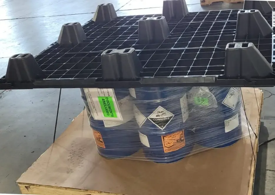 Specialized container for handling chemical products and hazardous substances in transit.